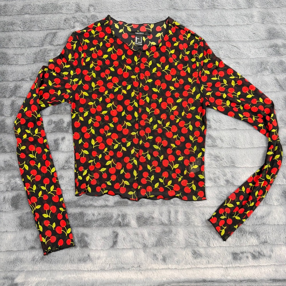 Forever 21 Women Small Black Red Cherry Print Sheer Mesh Long Sleeve Top Lettuce